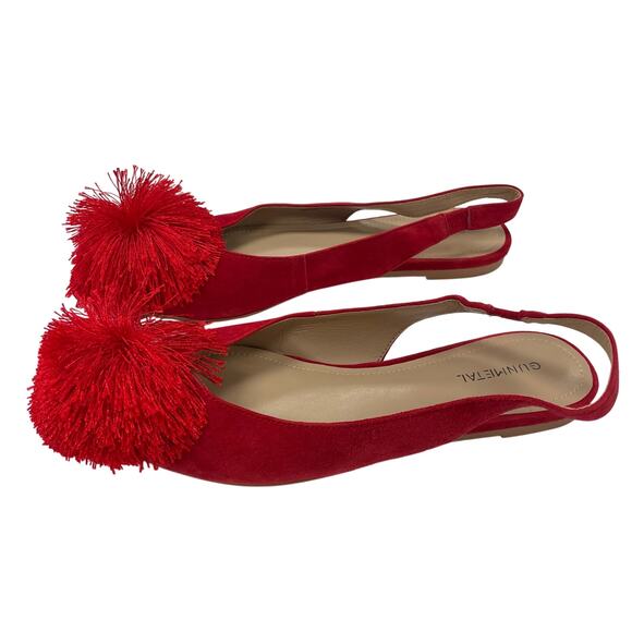 Gunmetal Samantha Red Pom Pom Pointed Toe Sling Back Flats Womens 8.5 - Picture 2 of 7